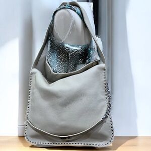 MICHAEL KORS ASTOR Studded Cement Gray Leather Hobo Messenger Shoulder Bag